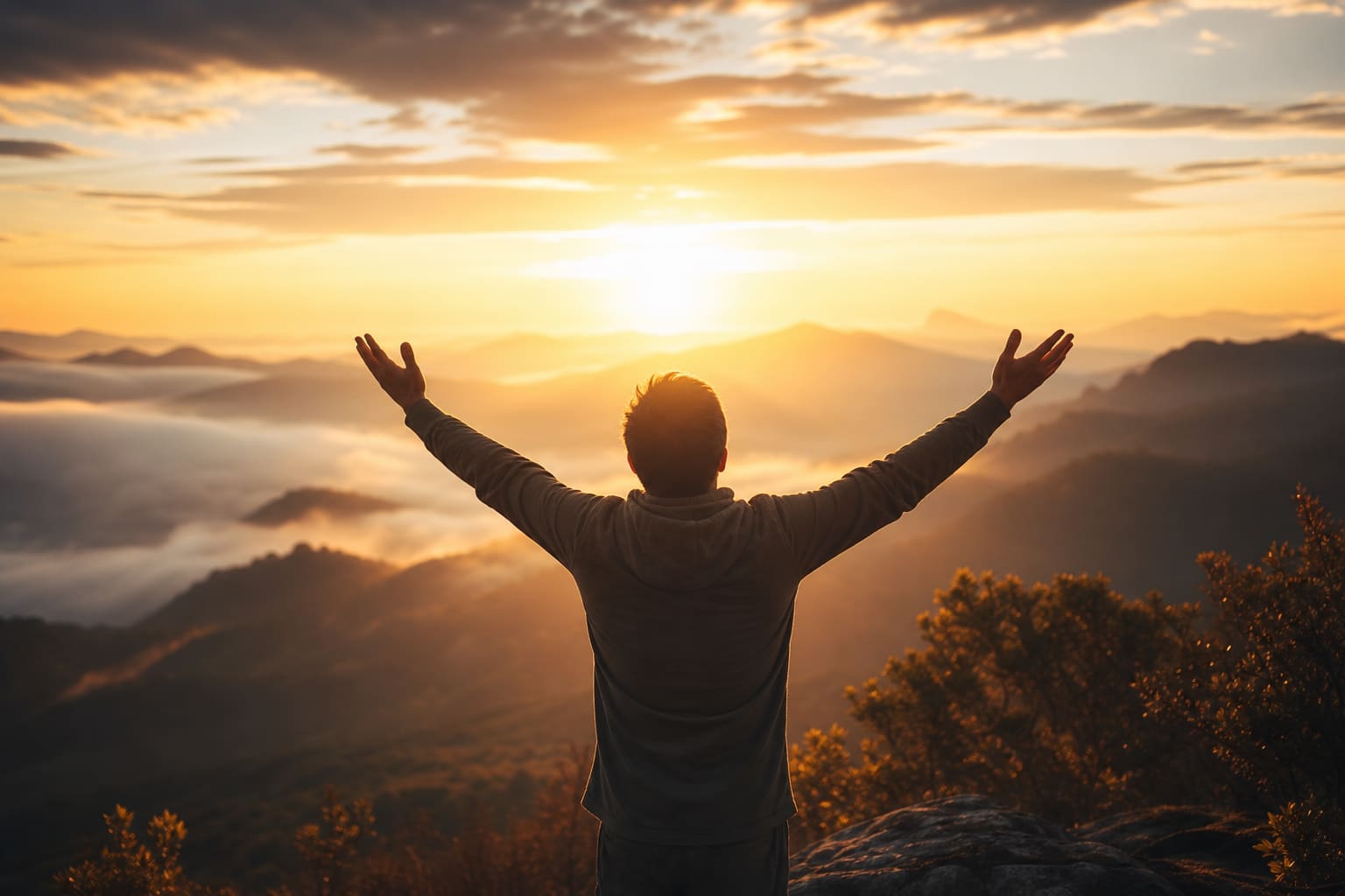 Pessoa em gratidão diante do nascer do sol — transformação e esperança